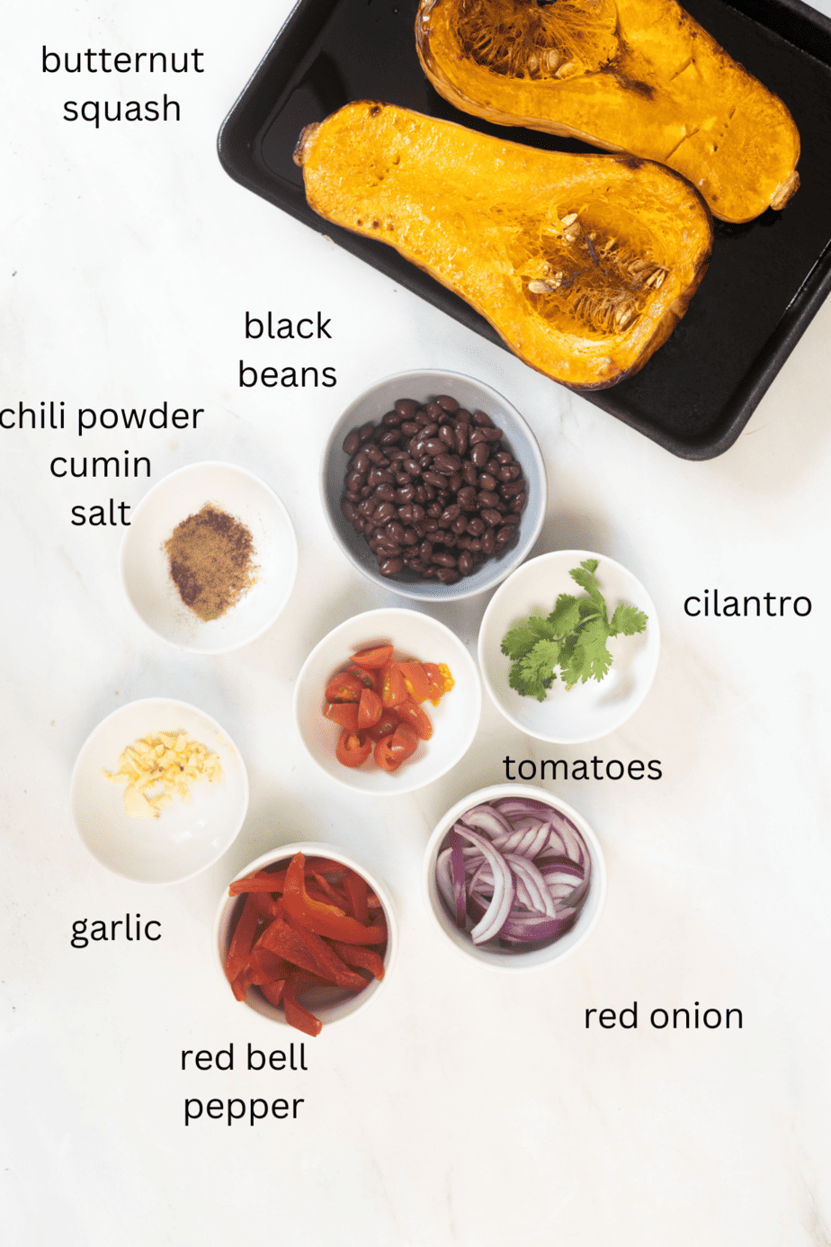 ingredients for butternut squash black bean tacos all labeled