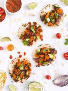 Butternut Squash Black Bean Tacos in soft taco shells, laying flat