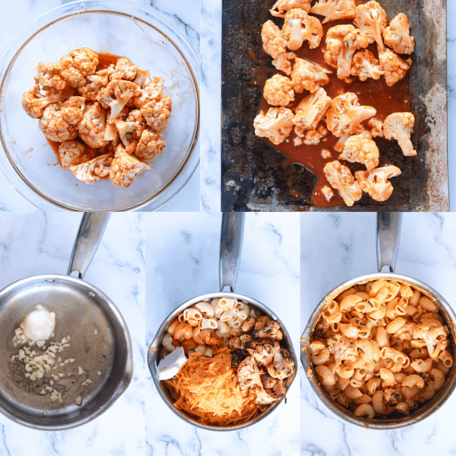 Steps shown by images to make Buffalo Cauliflower Vegan Mac and Cheese