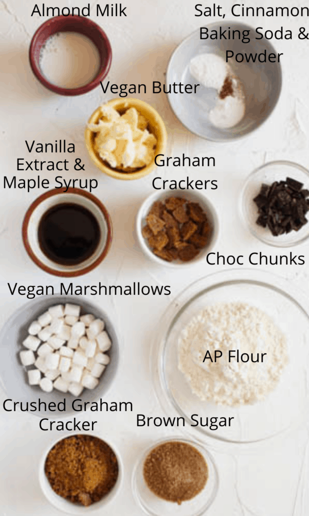 Ingredients for cookies all laid out into separate bowls