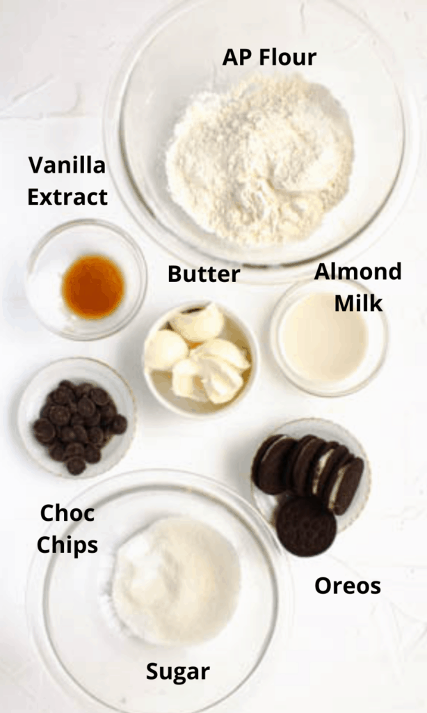 All ingredients for cookies laid out into separate bowls