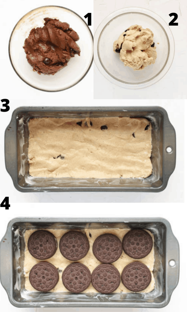 Process shot collage (four pictures) of the individual brownie and cookie dough, then the layering of the cookie dough and oreos into a grey bread tin