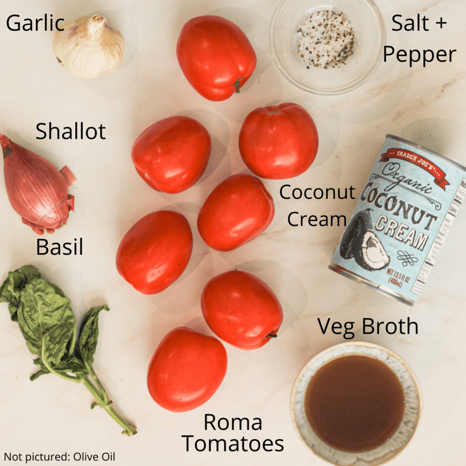 Ingredients shown on a white surface including tomatoes, salt and pepper, garlic, shallot, basil, coconut cream and veggie broth.