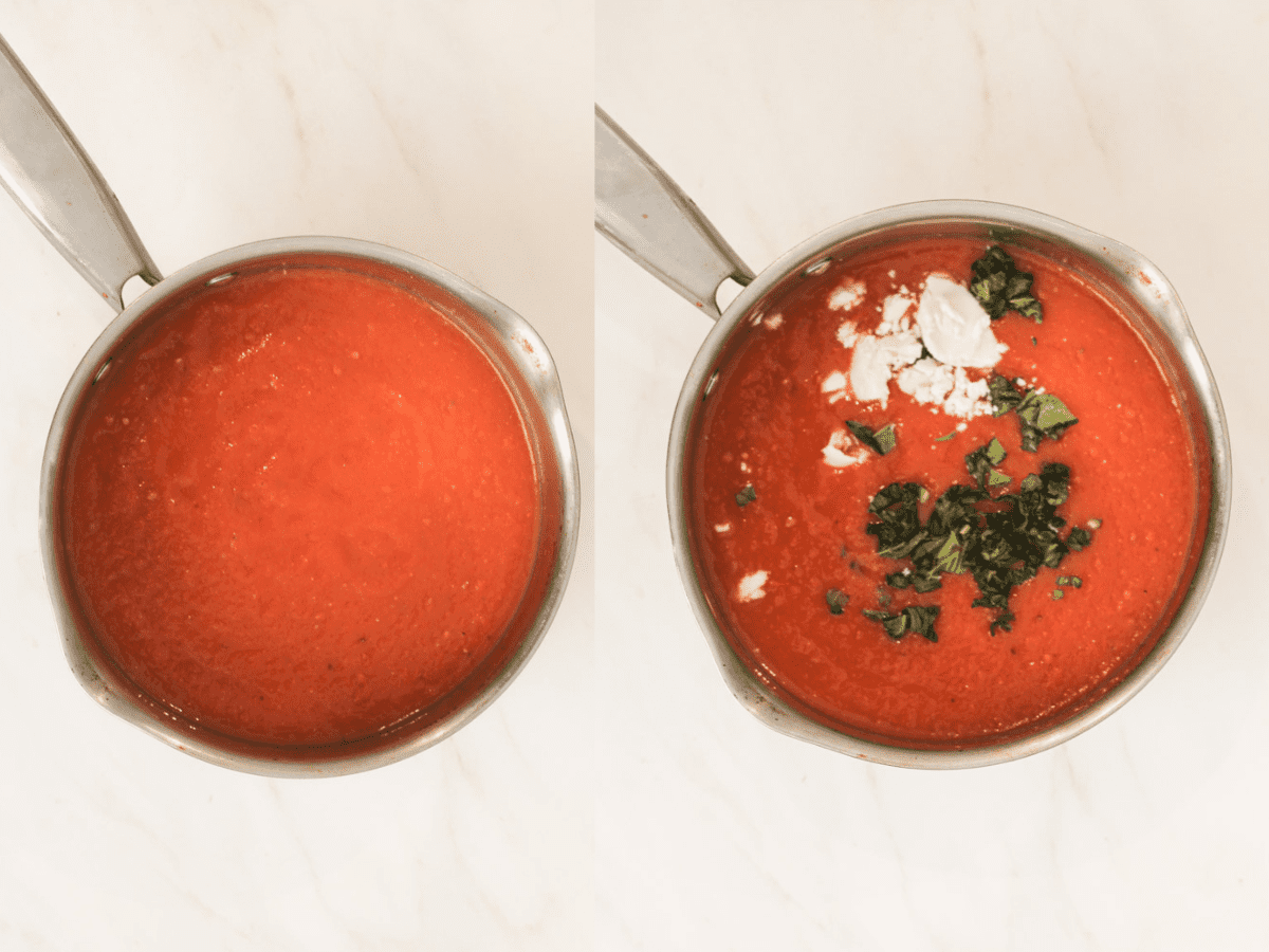 Collage picture, one with the tomato soup blended in a sauce pan and the other with the soup in a sauce pan with basil and coconut cream on top.