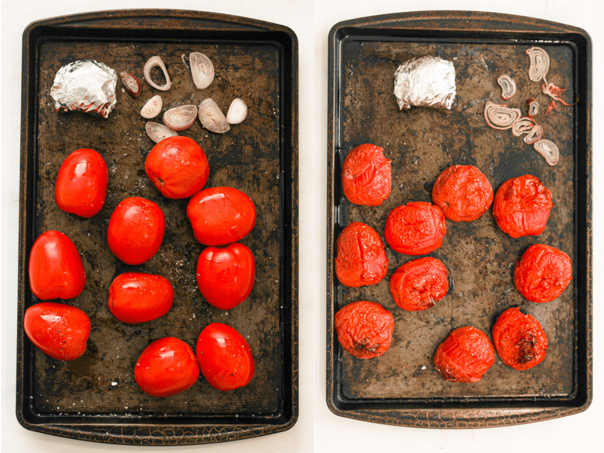 Collage picture of tomatoes, shallots on baking sheet, one picture before they are baked and the other after they are baked.