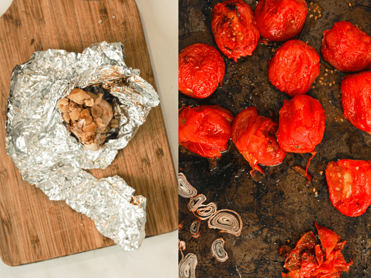 Collage picture, one of the roasted garlic in tinfoil and the other of roasted tomatoes with skin off.