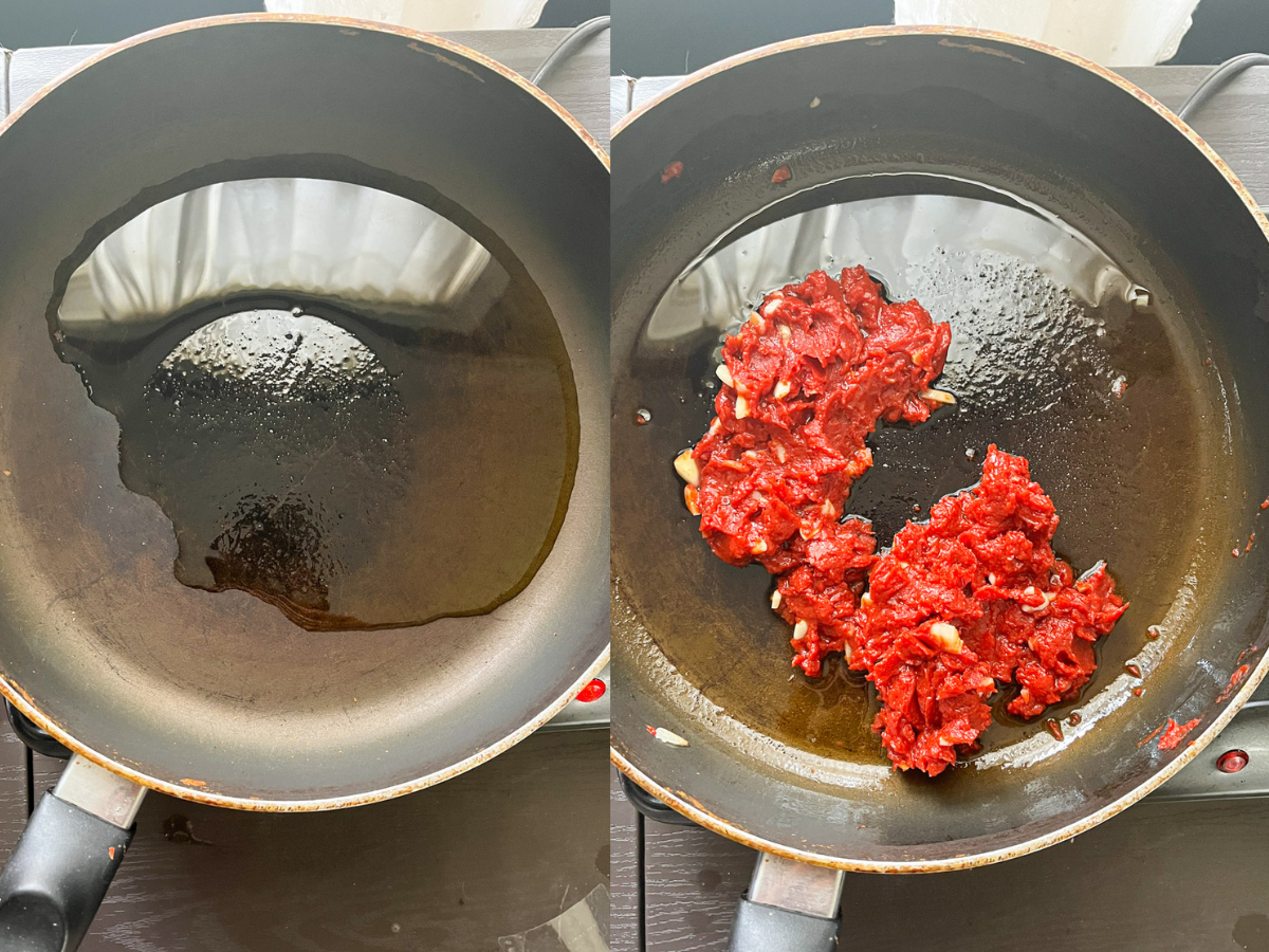 Process shot 1 and 2 for pasta sauce. The first is a black sauce pan with oil in it and the second the same pan but with garlic and red tomato paste in it