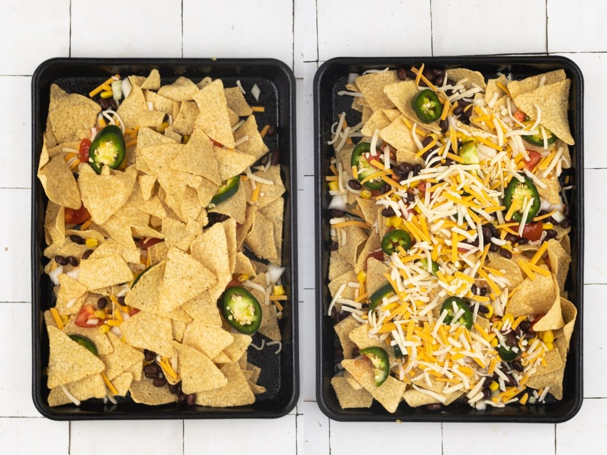 Process Shot 2+3, in a collage, of the nachos being made. The first with the first layer of tortilla and toppings on a baking sheet and tortilla chips being re-layered on top of the toppings and the second with all toppings on top of the second layer