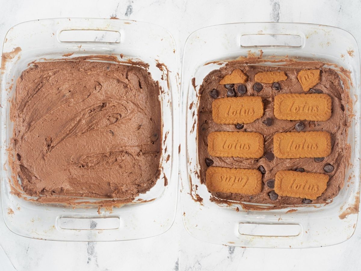 Second layer of cookie butter with cookies and chocolate chips pressed into the top.