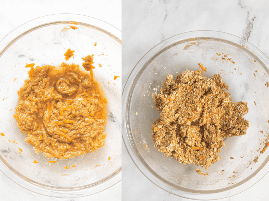 Process shots on making the dog treats, with the first being the liquid mixture in a bowl and the second the mixture of all in the ingredients in a clear bowl