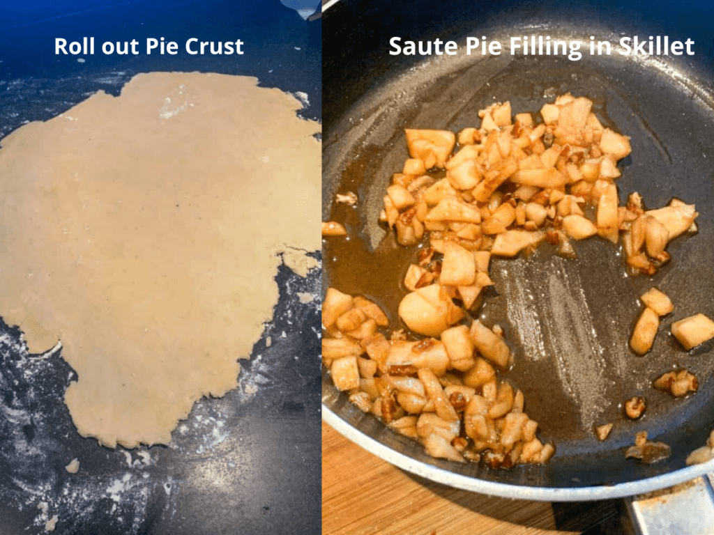 Process shots showing the pie crust being rolled out flat on a clean surface and the pie filling sauteed in a skillet