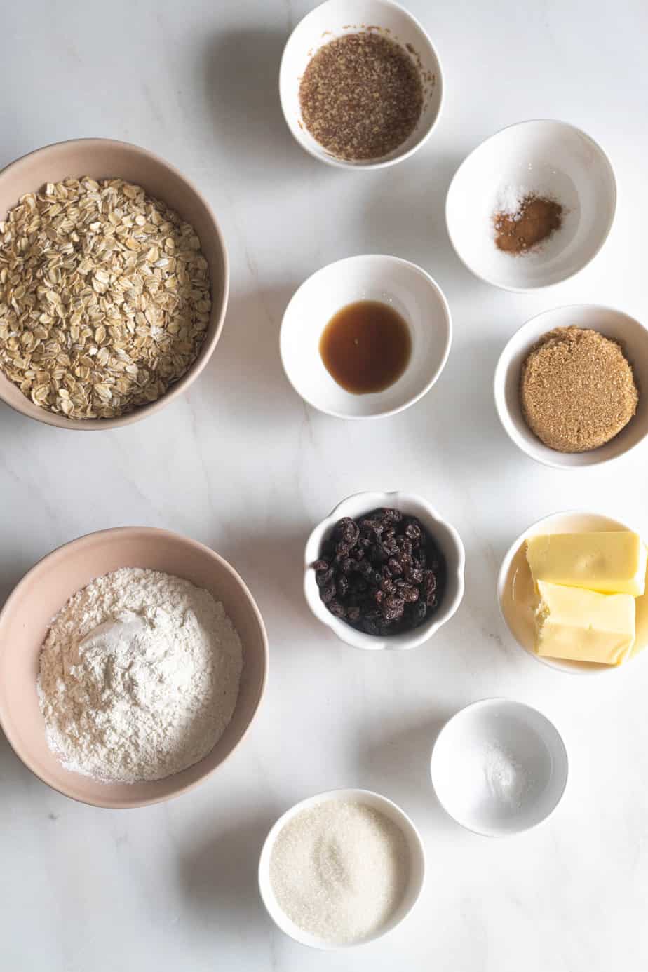 all ingredients for the cookies in separate bowls 