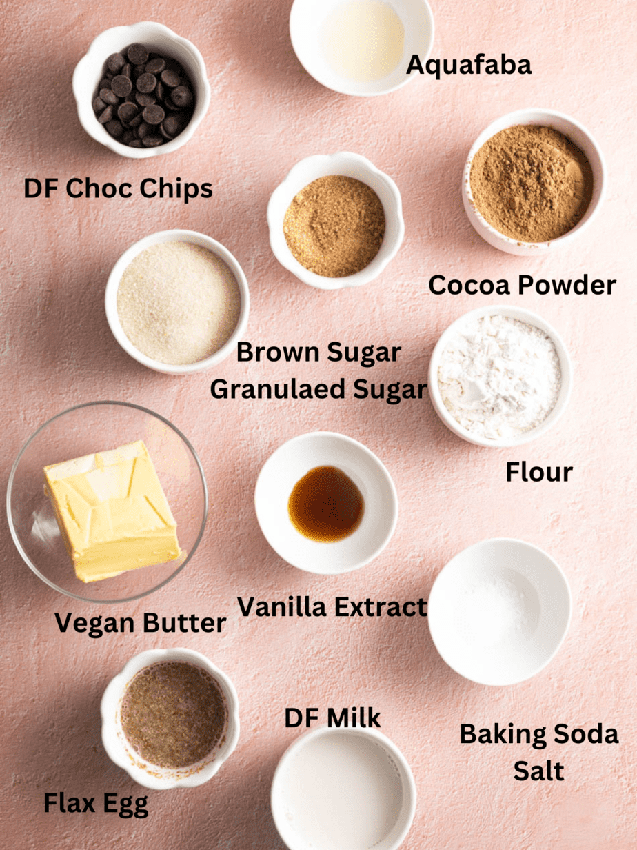 All ingredients for dairy free brownies in separate bowls with labels