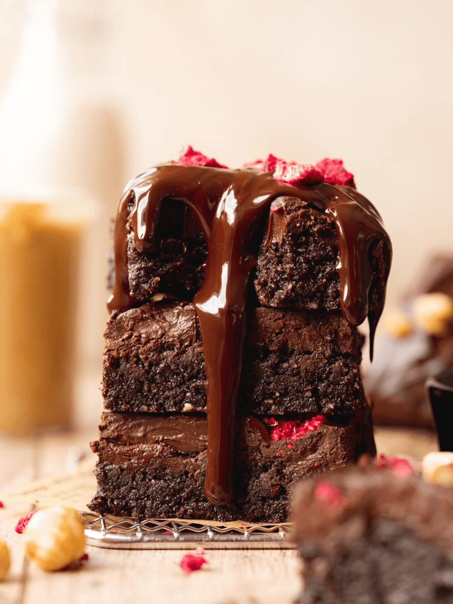 nutella brownie on a stack with gooey nutella dripping down it 