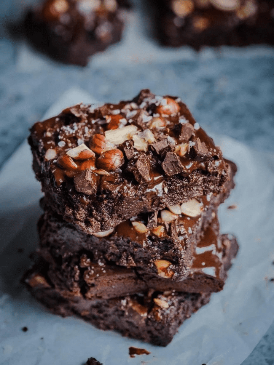 tahini brownies stacked on each other with hazelnuts on top
