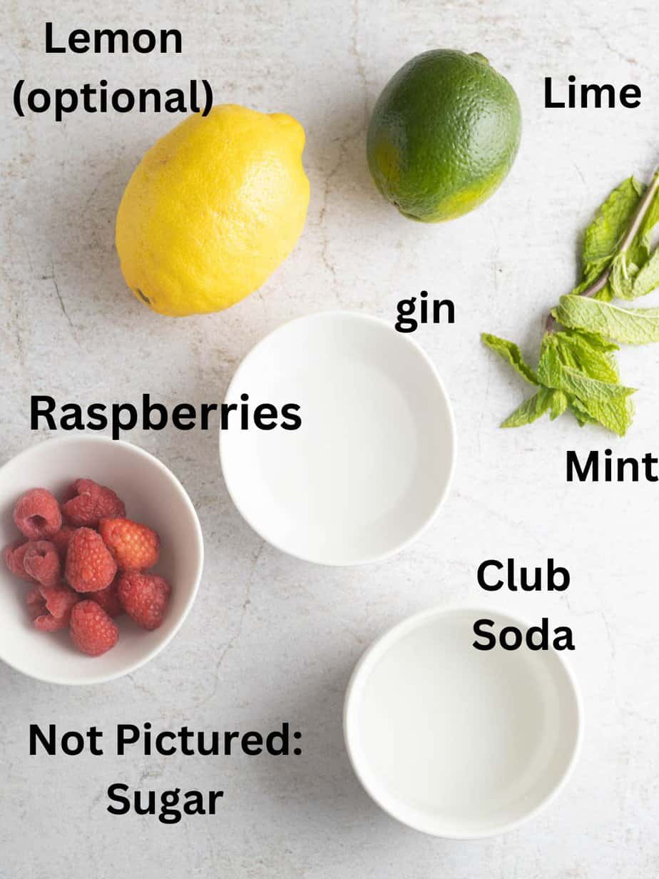 All ingredients for gin cocktail in separate bowls with labels