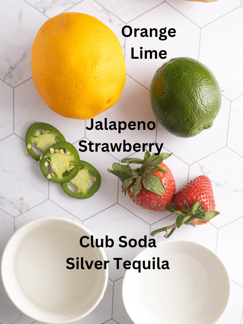 all ingredients for margarita on a tile service with labels