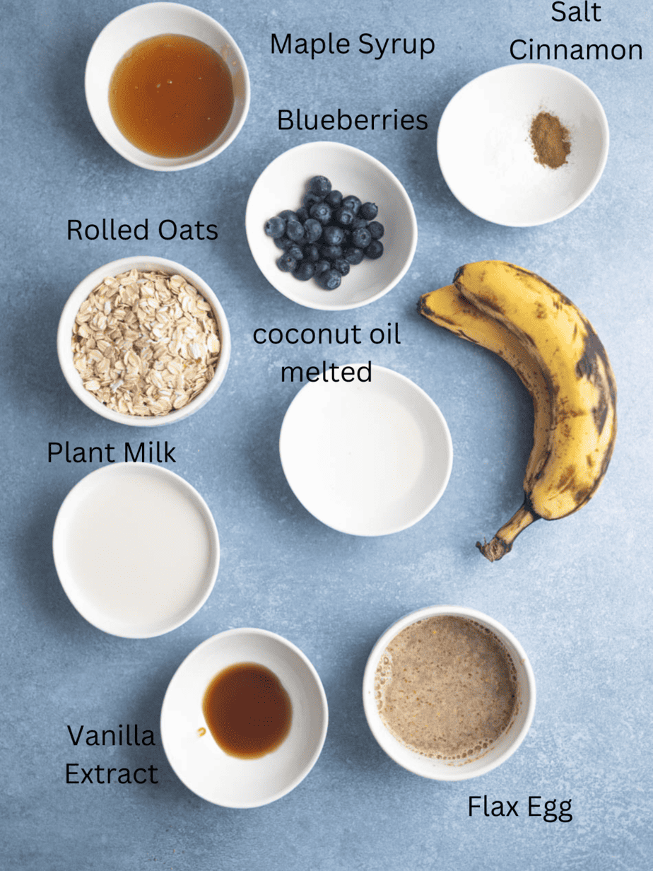 ingredients for Blueberry banana muffin with labels in black text