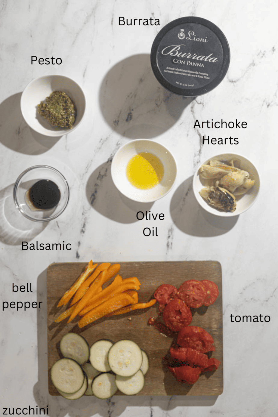 All ingredients for the sandwich in different bowls with text labels