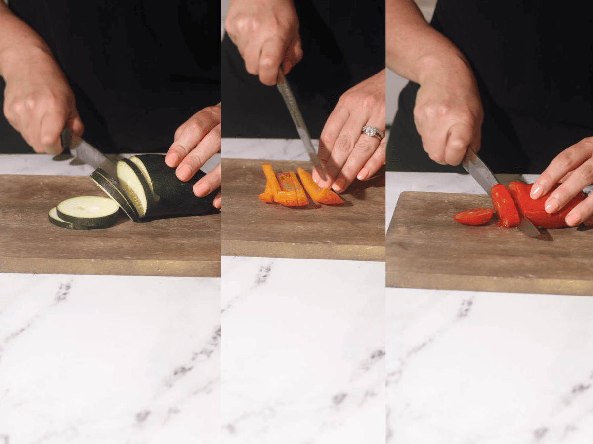 Showing the vegetables being cut on a cutting board