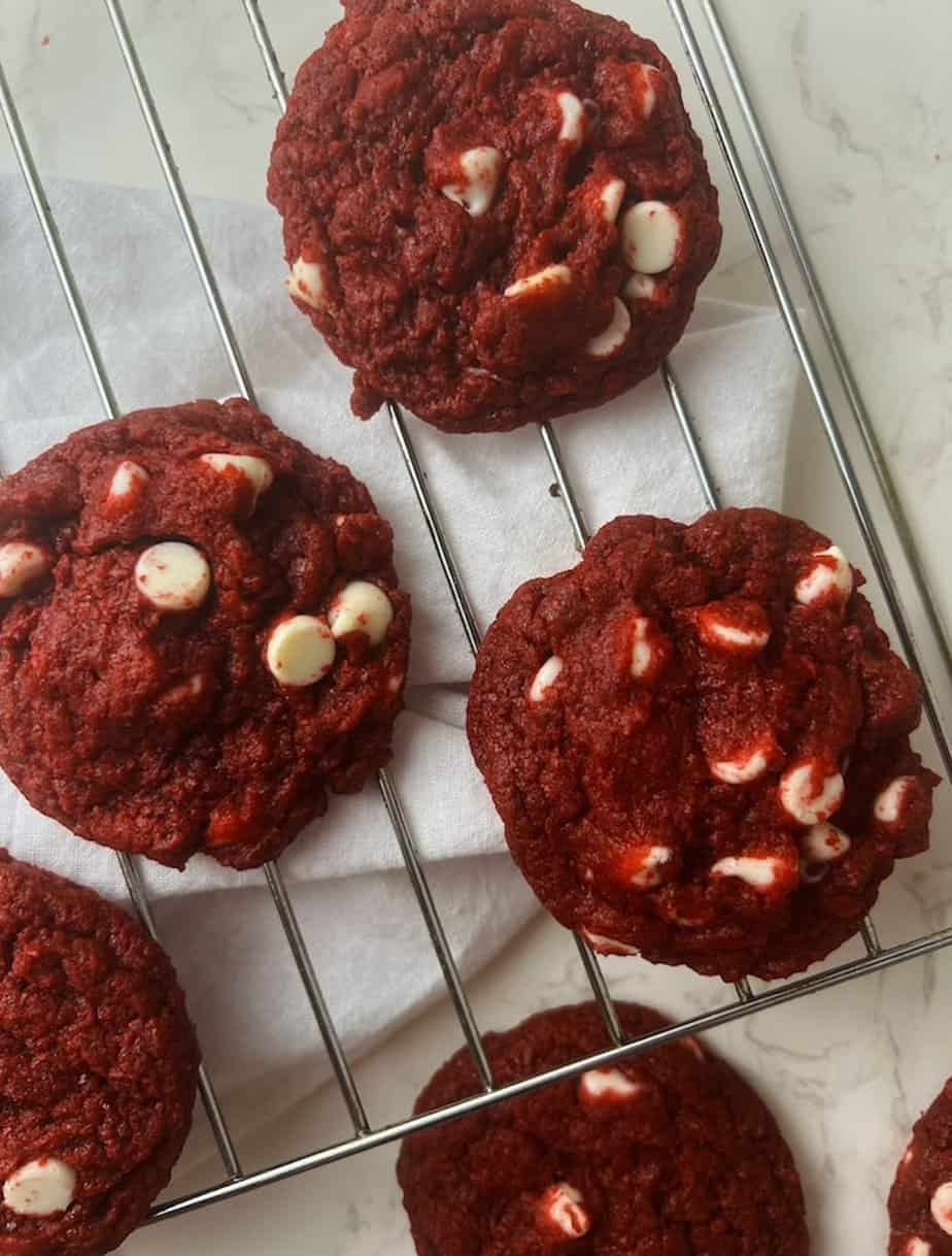 dairy free red velvet cookies on a wire rack